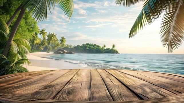 Wooden round table for displaying products with tropical beach view of palm trees and distant island