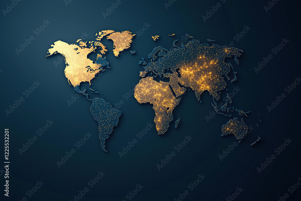 Poster glowing world map with illuminated data hotspots symbolizes global connectivity and information flow