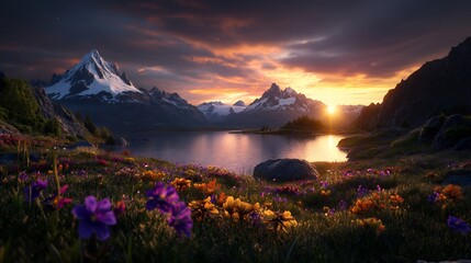 Fototapeta premium Majestic Sunset over Alpine Lake and Flower Meadow