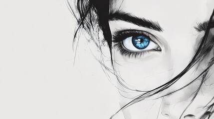 Obraz premium Brunette woman with striking blue eyes and flowing hair against a minimalist white background emphasizing beauty and elegance.