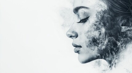 Elegant profile of a young woman with ethereal smoke effect on a soft white background capturing beauty and tranquility.