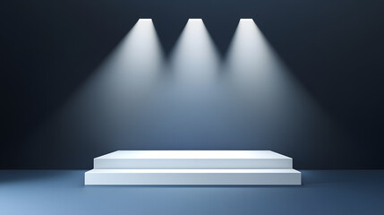 Square podiums are white. Abstract background. A stage for the demonstration of cosmetics. Podium for the award, consisting of three 3 square figures of different sizes on a blue background. Showcase
