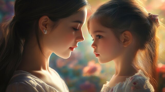 Tender moment of connection between mother and daughter in a dreamy floral setting emphasizing love and familial bond.