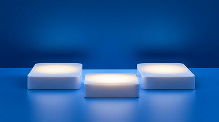 Square podiums are white. Abstract background. A stage for the demonstration of cosmetics. Podium for the award, consisting of three 3 square figures of different sizes on a blue background. Showcase
