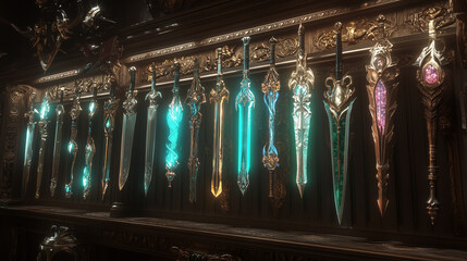 Naklejka premium A collection of enchanted weapons, including glowing swords and mystical staffs, displayed on ornate racks