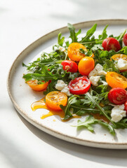 Fresh arugula salad with cherry tomatoes and feta cheese on a ceramic plate
