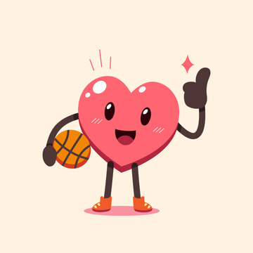 Cartoon heart character with basketball for design.