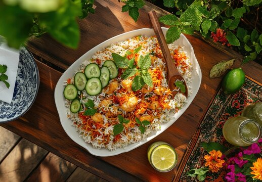Vibrant Dish of Basmati Rice with Fresh Herbs and Spices