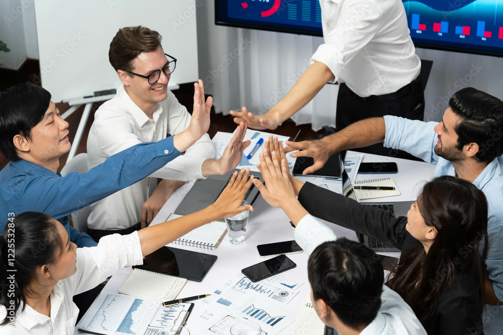 Aufkleber diverse group of office employee worker high five after making agreement on strategic business marke