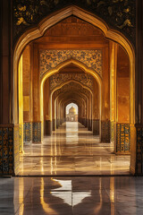 Obraz premium Golden archway leading to mosque dome in sunset light