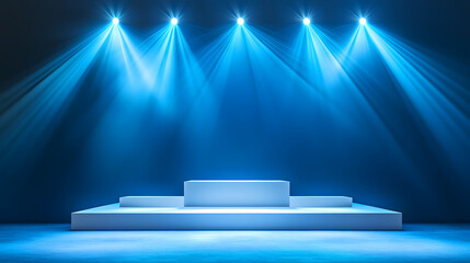 Square podiums are white. Abstract background. A stage for the demonstration of cosmetics. Podium for the award, consisting of three 3 square figures of different sizes on a blue background. Showcase