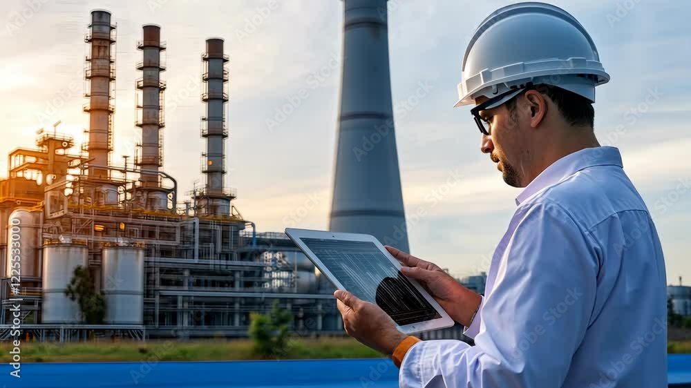 Poster engineer reviews operational data on a tablet at an industrial facility while the sun sets behind to