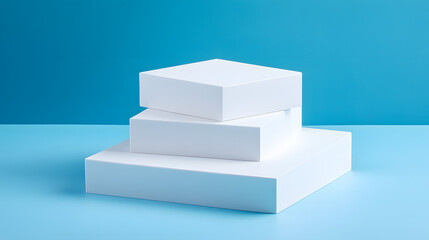 Square podiums are white. Abstract background. A stage for the demonstration of cosmetics. Podium for the award, consisting of three 3 square figures of different sizes on a blue background. Showcase