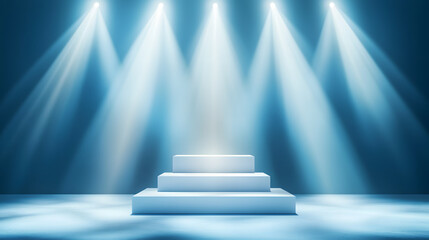 Obraz premium Square podiums are white. Abstract background. A stage for the demonstration of cosmetics. Podium for the award, consisting of three 3 square figures of different sizes on a blue background. Showcase
