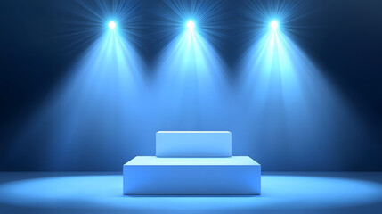 Obraz premium Square podiums are white. Abstract background. A stage for the demonstration of cosmetics. Podium for the award, consisting of three 3 square figures of different sizes on a blue background. Showcase