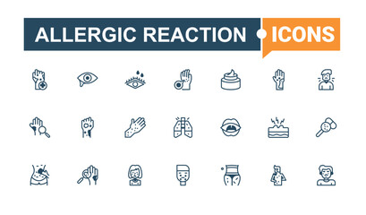 Allergic Reaction linear icon collection. Contains such icons as food, rhinitis, arm, pharmaceutical, sick, dog, milk. Thin linear style icons. Solid line editable stroke.