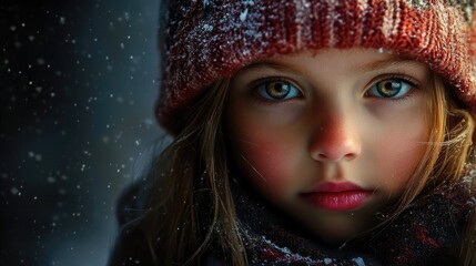 Fototapeta premium Captivating portrait of a young girl in a cozy hat surrounded by falling snowflakes in a winter wonderland setting.