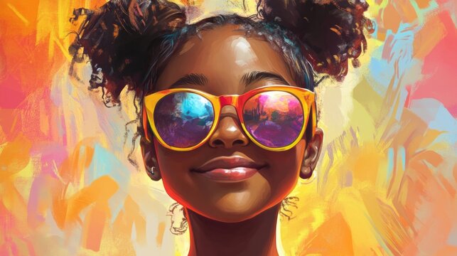 Joyful young girl with stylish sunglasses enjoying summer vibes in a colorful background reflecting happiness and carefree moments.