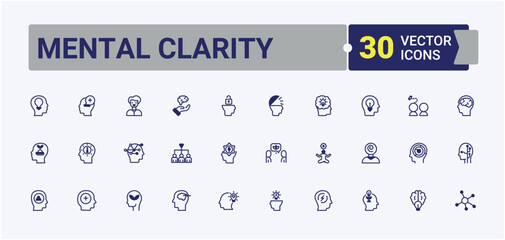 Mental Clarity icon pack. It contains symbols to love, stress, mindfulness, psychology, body and more. Solid line editable stroke.
