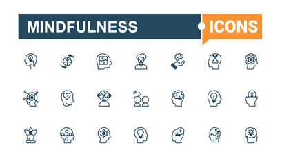 Mindfulness minimal icon set. Contains such icons as health, body, mindfulness, human, mental and more. Web icons. Editable vector outline and solid icons.