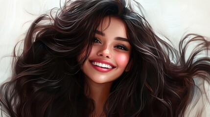 Fototapeta premium Smiling brunette woman with long flowing hair showcasing happiness and beauty in a vibrant portrait.