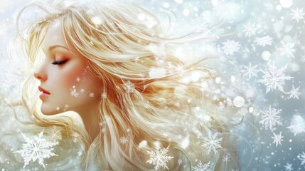 Blonde woman with flowing hair in a serene winter scene surrounded by snowflakes and soft lighting for a dreamy atmosphere