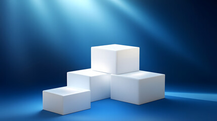 Square podiums are white. Abstract background. A stage for the demonstration of cosmetics. Podium for the award, consisting of three 3 square figures of different sizes on a blue background. Showcase