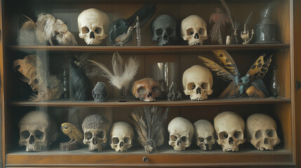 A cabinet filled with shrunken skulls, preserved magical creatures, and shimmering feathers