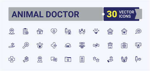 Animal Doctor linear icon collection. Contains such icons as aquarium, insurance, award, food, kitten, pill, dog. Minimal icons. Solid line editable stroke. Vector line and solid icons.