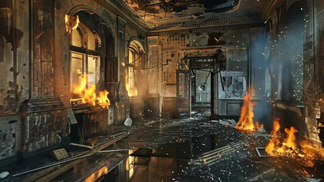 The interior of a forsaken room is consumed by fire, with flames rising from the debris and smoke filling the air, creating a haunting atmosphere at dusk.