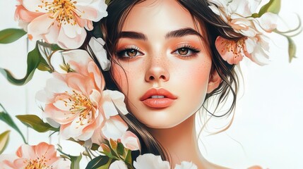 Portrait of a serene woman surrounded by delicate flowers exemplifying beauty and tranquility on a clean white background