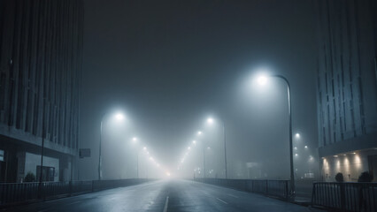 Mysterious Foggy City Street at Night, enveloped in an enchanting ambiance and quiet solitude
