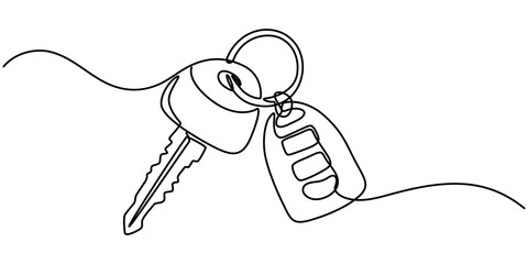 Car key icon continuous one line drawing of white background, Continuous line key isolated vector object - keys, Keys with Keychain Black Stroke Linear Icon, out line pro vector illustration.