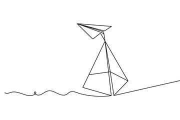 Paper plane continuous one line drawing of minimalist style and outline vector illustration