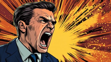 Furious businessman yelling in a dramatic office scene showcasing frustration and tension in the workplace environment