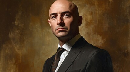Serious portrait of a bald businessman in formal attire showcasing confidence against a textured brown background