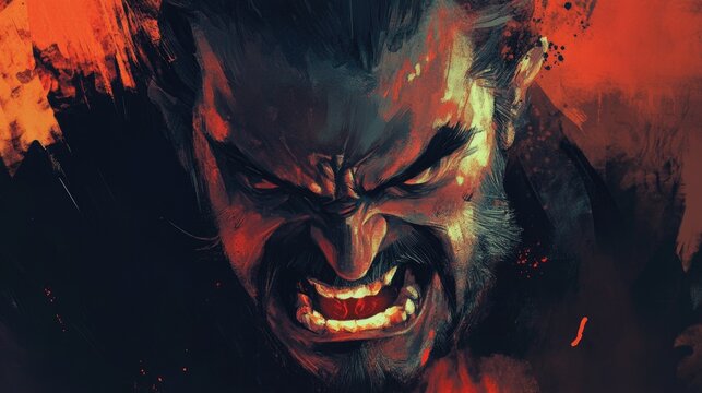 Furious expression of a man in a dramatic artistic style with bold colors illustrating intense emotions and raw energy