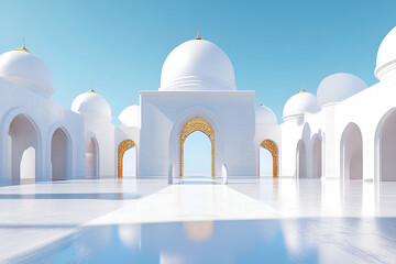 Majestic white mosque architecture with golden accents under clear blue sky