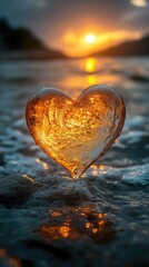 Fototapeta premium Glowing Amber Heart on Ocean Waves at Sunset