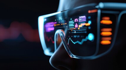 A close-up of smart glasses displaying data and graphs, showcasing advanced technology and augmented reality.