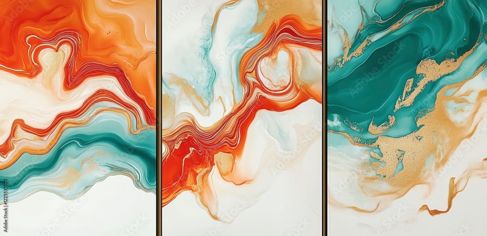 Poster abstract swirls in teal and rust: a triptych of abstract art showcasing fluid, swirling patterns in 