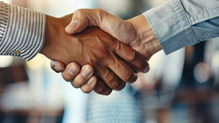 Two individuals engage in a firm handshake, illustrating a significant moment of agreement and collaboration in a professional office setting during the day.