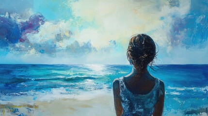 Woman gazing at the tranquil sea under a vibrant sky evoking serenity and contemplation in an artistic landscape.
