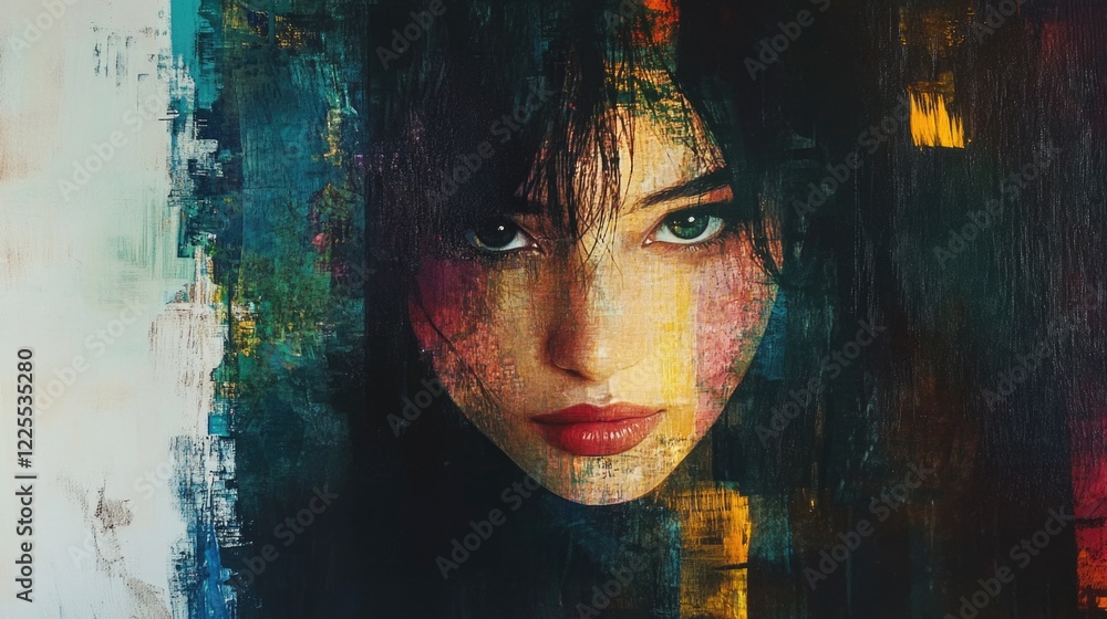 Poster artistic portrait of a mysterious woman with striking features in a colorful abstract background evo