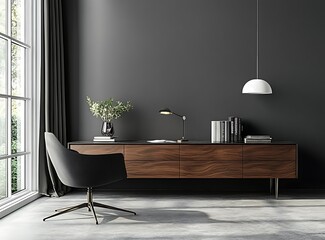 Minimalist home office interior with dark gray walls, a concrete floor, and a white window