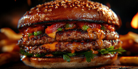 Luxuous Hamburger, Macro Photography Style, Generative AI Hamburger background