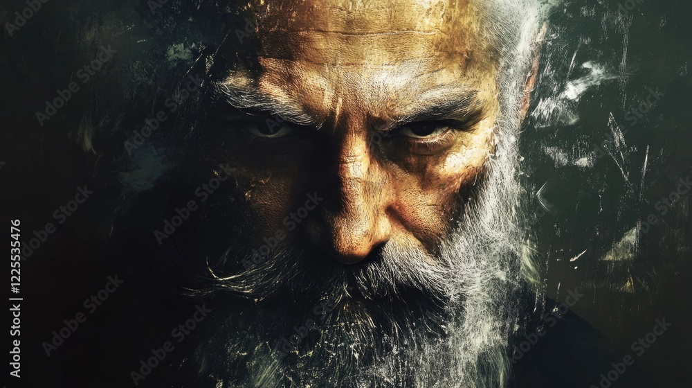 Poster aged man with a textured beard showcasing deep expression and wisdom against a dark artistic backgro