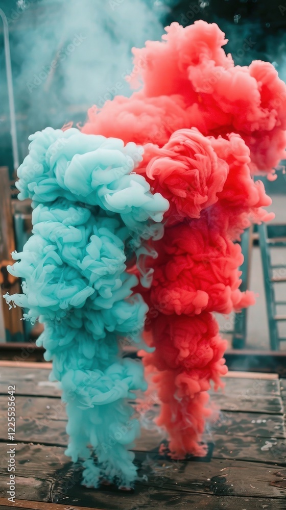Poster a vibrant display of blue and red smoke billowing together, creating a striking visual effect agains