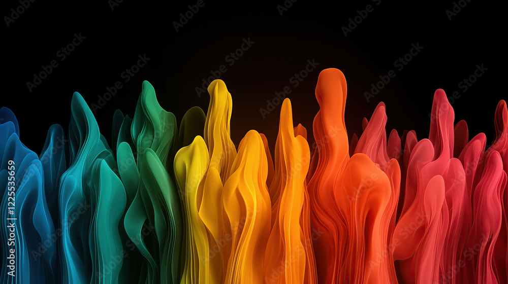 Poster vibrant display of colorful abstract waves in spectrum of hues against black background, creating dy