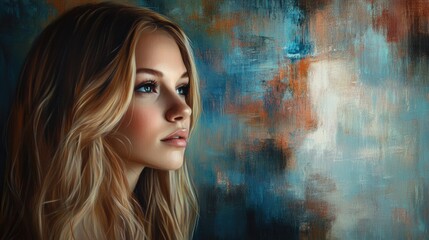 Fototapeta premium Young woman profile portrait with long wavy hair against a textured colorful background showing artistic expression and beauty.